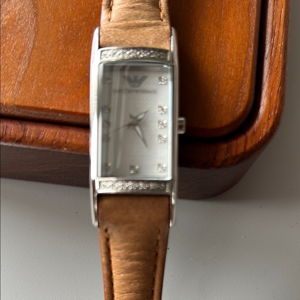 Armani leather band square watch 3 hands diamond bezel simulates new battery - Picture 2 of 10
